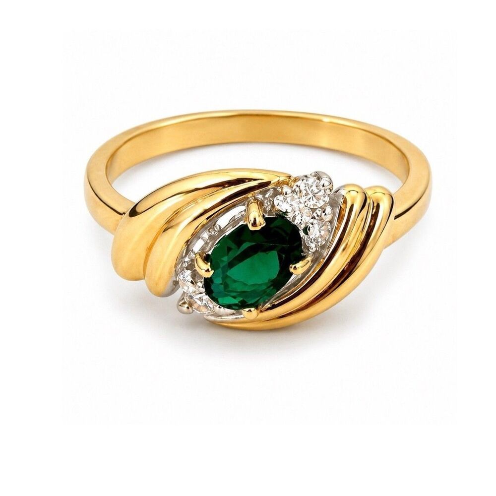 Vintage 1970s Ring Size 6 Green Austrian Crystal CZ Bypass Gold Plated - 14T